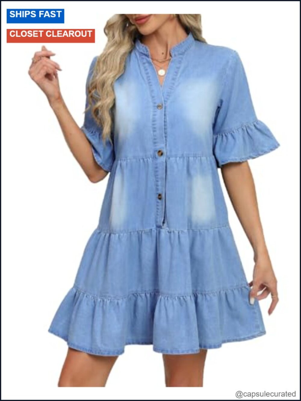 Denim Dress V Neck Ruffle Short Sleeve Tiered Hem Button Front A-Line